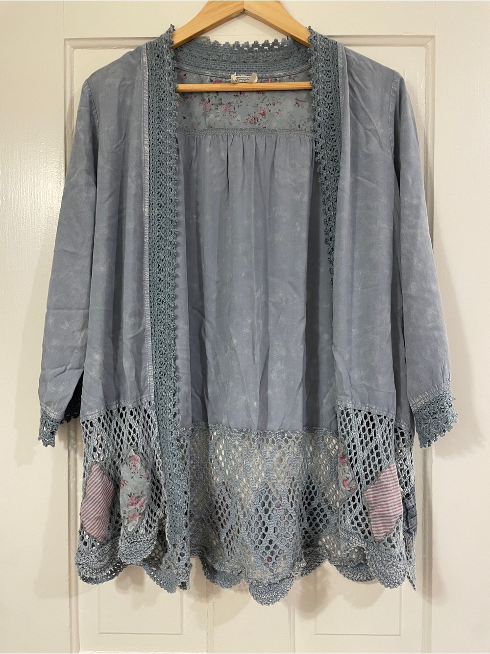 Boho Crochet Lace Mineral Wash Kimono Cardigan Jacket Grey Blue Size M